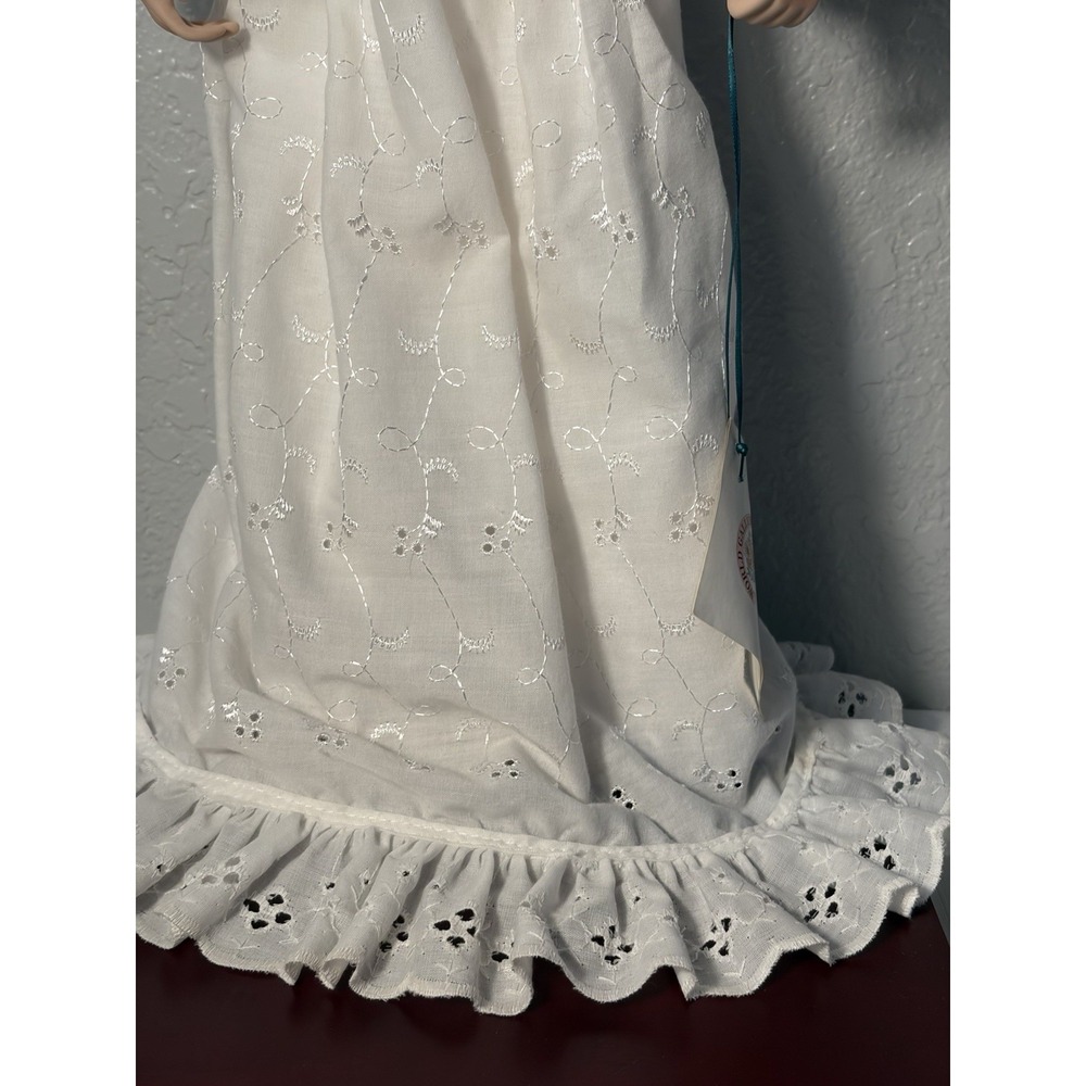Curly Blonde Hair Porcelain Doll 16" Blue Eyes All White Gown - Picture 6 of 13